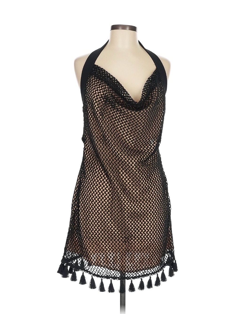 vestique Black Crocheted Halter Mesh Mini Dress with Tassel Hem